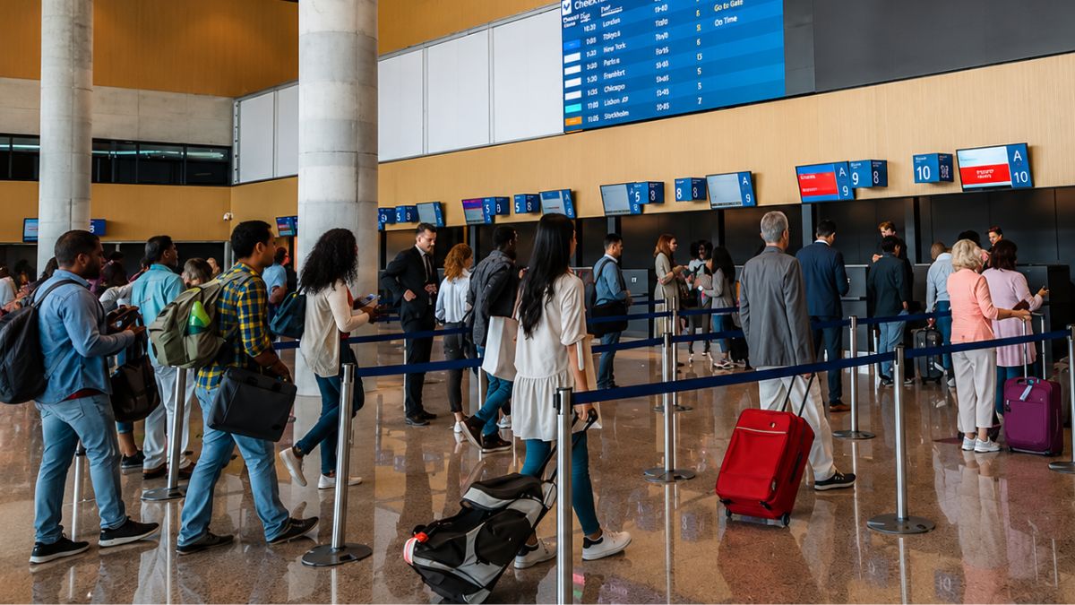 Passageiros com malas de viagem em pé organizados em filas diante dos balcões de atendimento e check-in de um aeroporto com um grande painel azul eletrônico de voos ao fundo.