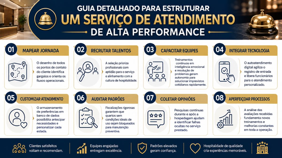 Infográfico moderno com fundo azul-escuro e dourado que apresenta um guia detalhado estruturado em oito passos numerados para organizar um atendimento de alta performance.