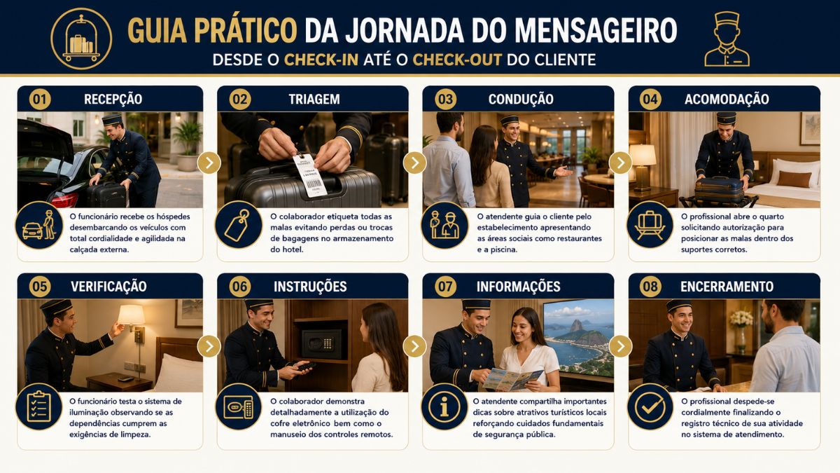 Infográfico explicativo detalha a jornada do profissional hoteleiro dividida em oito etapas ilustradas que cobrem do check-in ao check-out.