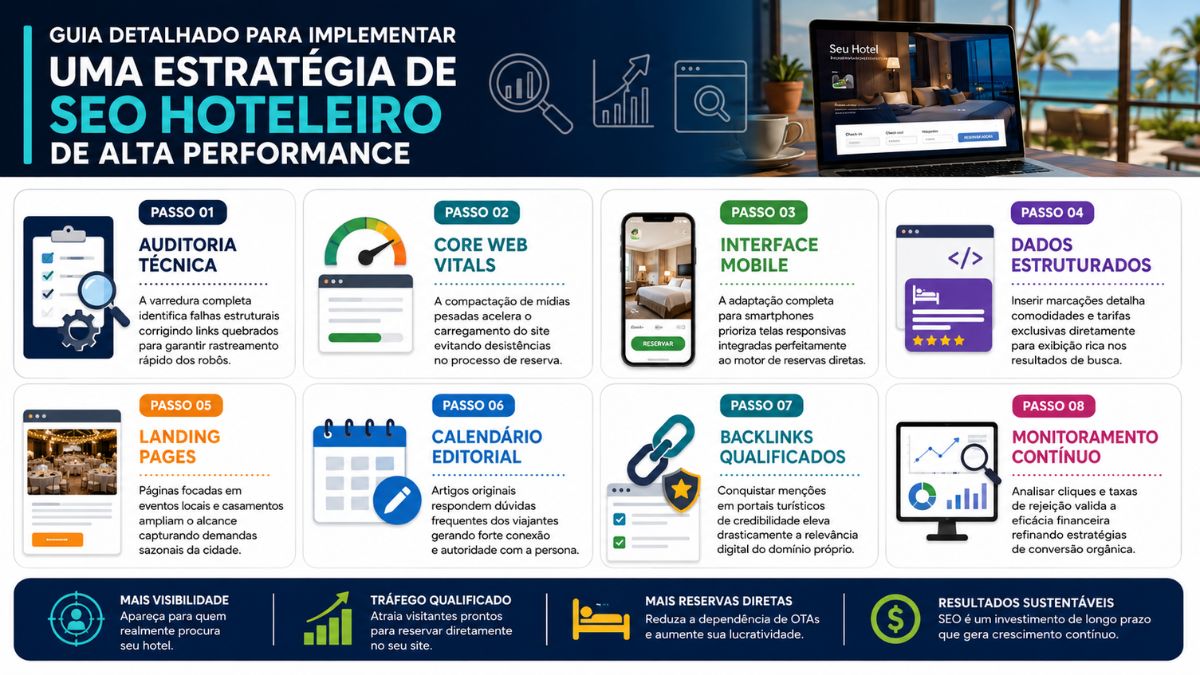Infográfico corporativo detalhando um guia com oito passos sequenciais organizados em blocos retangulares claros sobre fundo branco. Um notebook aberto no canto superior direito mostra um site de hotel voltado para o mar. Ícones ilustrativos acompanham cada etapa técnica e uma barra inferior azul escura sintetiza os benefícios de visibilidade, tráfego qualificado, reservas diretas e resultados sustentáveis.