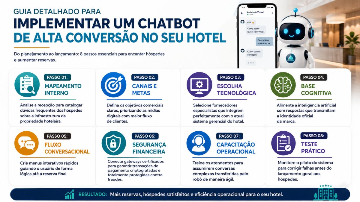 Infográfico apresenta oito etapas para implementar um chatbot em hotéis, com ícones ilustrativos, robô virtual, smartphone e orientações sobre planejamento, integração, segurança, treinamento e testes.