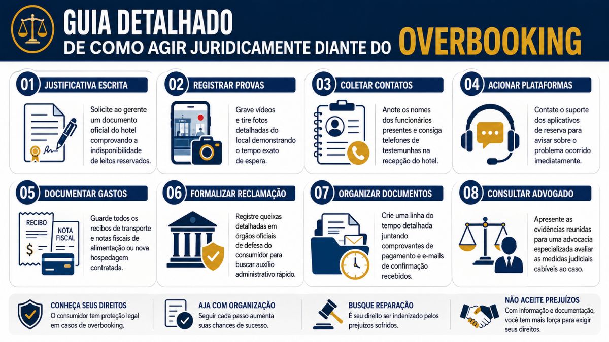 Infográfico explicativo estruturado em oito cartões numerados que detalham ações jurídicas e práticas recomendadas para o consumidor enfrentar problemas de reservas.