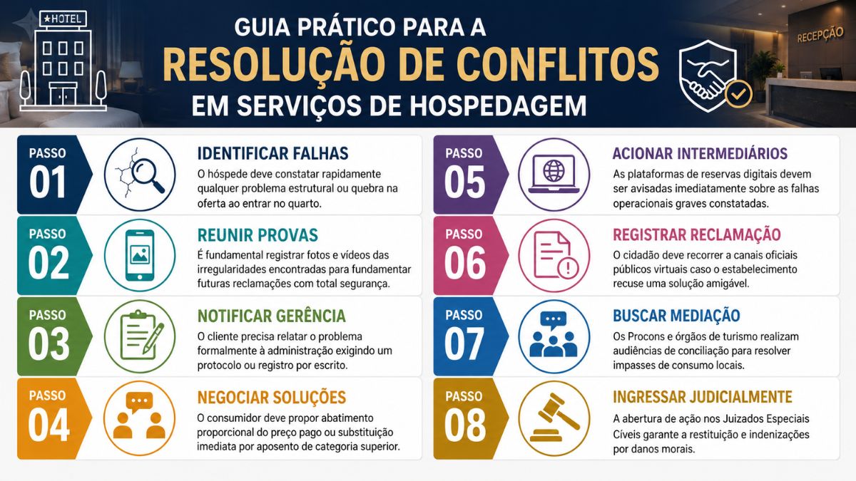 Infográfico com fundo azul escuro no topo e divisões brancas contendo uma lista numerada de oito passos organizados em colunas com ícones ilustrativos e textos explicativos em português sobre direitos e conciliação.