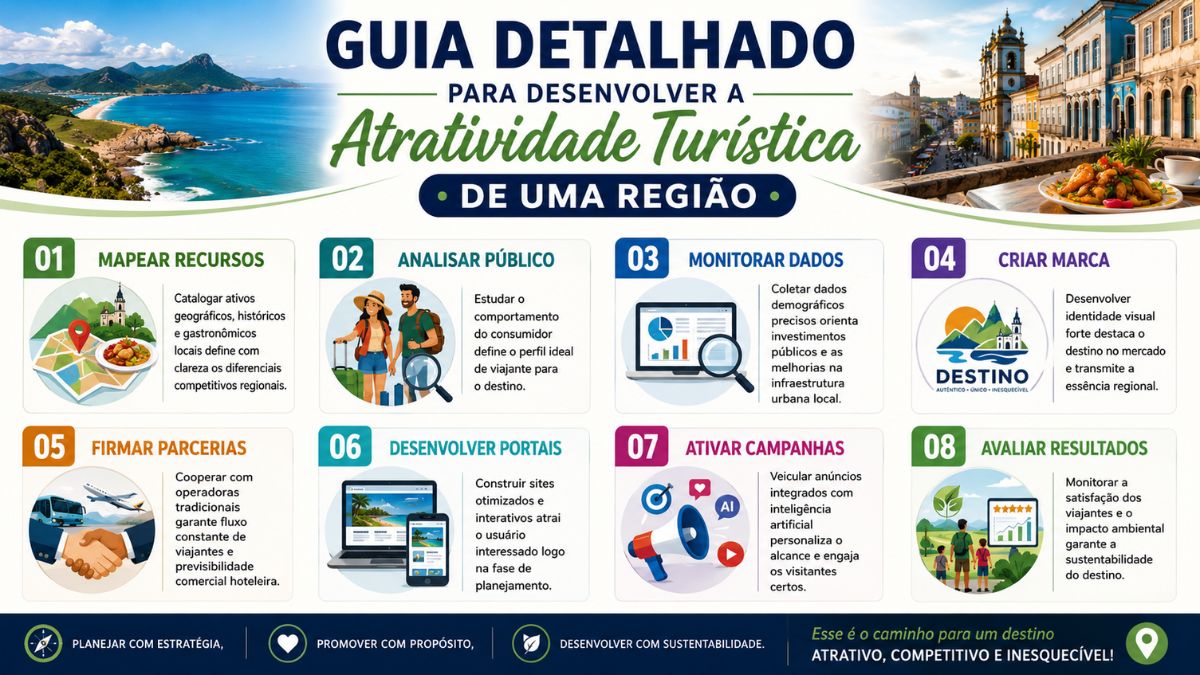 Infográfico colorido e explicativo intitulado Guia Detalhado para Desenvolver a Atratividade Turística de uma Região, apresentando oito cartões sequenciados de um a oito com ilustrações modernas e textos curtos sobre mapeamento de recursos, análise de público, monitoramento de dados, criação de marca, parcerias, portais, campanhas com inteligência artificial e avaliação de resultados turísticos.