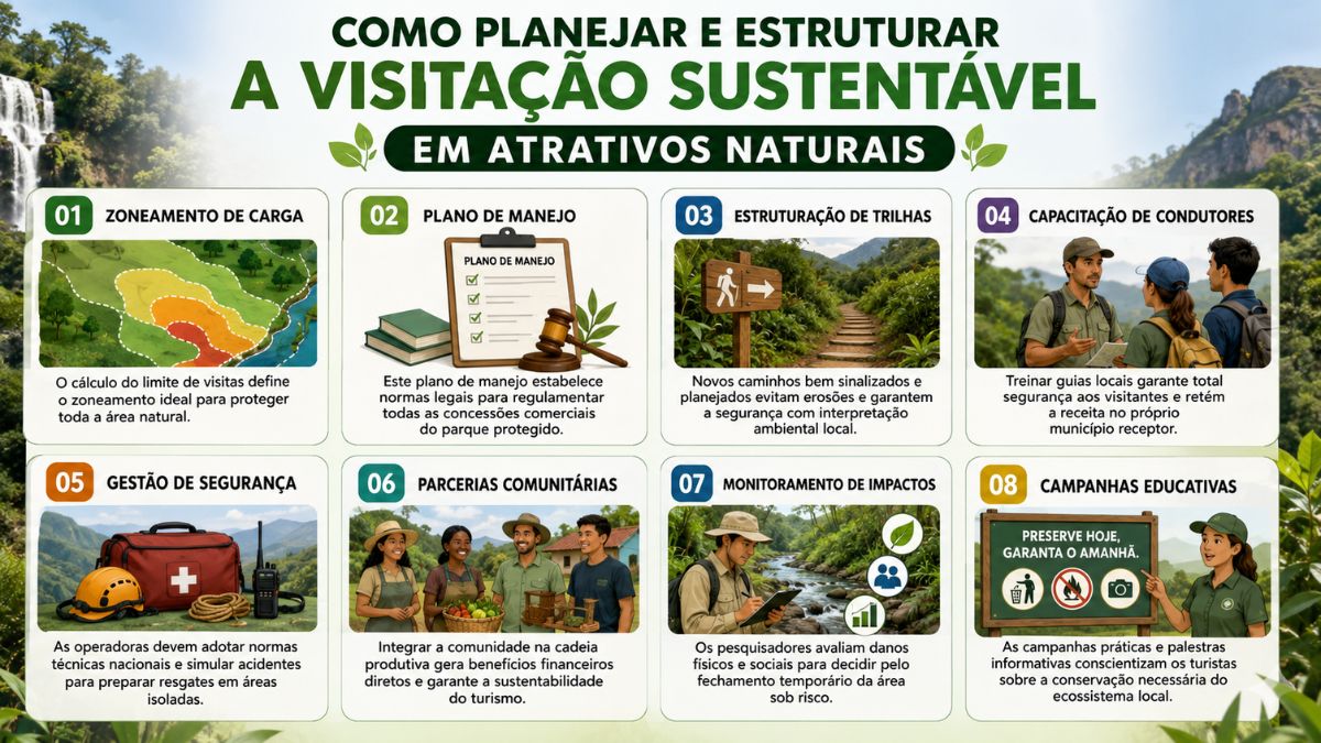 Infográfico em português estruturado em oito passos para organizar a visitação turística em áreas preservadas, exibindo ícones, ilustrações técnicas e textos explicativos de gestão ambiental sobre um fundo de floresta.