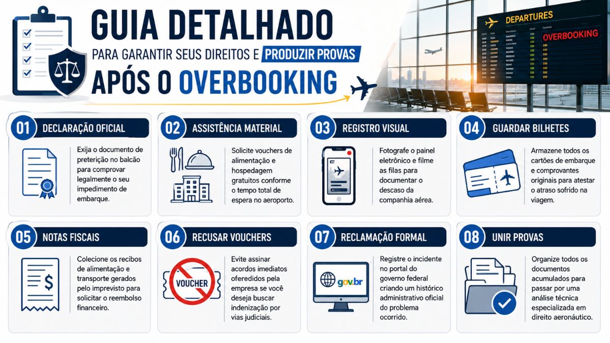 Infográfico com fundo claro contendo oito blocos numerados de orientações para o passageiro que sofreu preterição de embarque e um painel eletrônico de aeroporto no topo direito.
