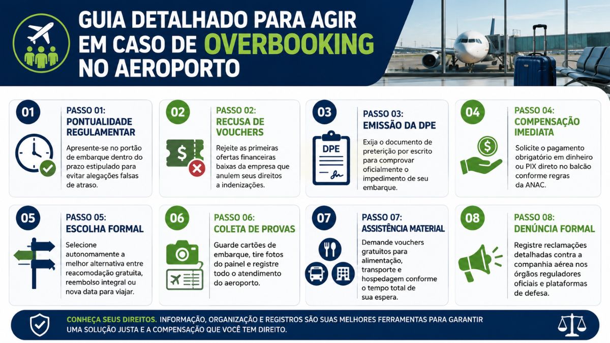 Infográfico digital com fundo cinza claro e azul escuro contendo oito blocos brancos numerados de um a oito que detalham as orientações legais para os passageiros agirem em terminais aéreos.