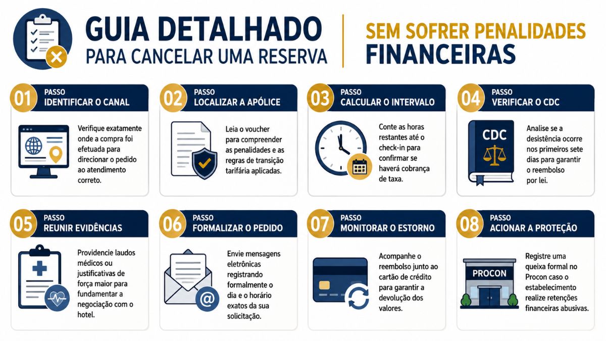Infográfico com fundo branco contendo o título Guia detalhado para cancelar uma reserva sem sofrer penalidades financeiras. Abaixo do título principal, a imagem é organizada em duas linhas horizontais contendo quatro blocos retangulares em cada uma, totalizando oito passos numerados de um a oito. Cada bloco traz um cabeçalho azul escuro com o número do passo em um círculo amarelo, um subtítulo em letras maiúsculas brancas, um ícone ilustrativo estilizado e um pequeno parágrafo explicativo em texto corrido sobre os procedimentos recomendados.