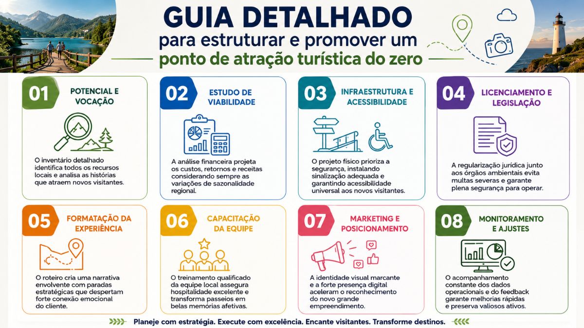 Infográfico detalhado com fundo claro contendo oito cartões numerados e coloridos dispostos em duas linhas horizontais que explicam as fases de planejamento e gestão de um destino de viagens.