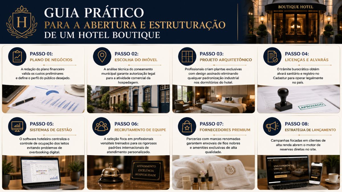 Infográfico retangular com fundo claro e detalhes em azul-marinho e dourado intitulado Guia Prático para a Abertura e Estruturação de um Hotel Boutique. O painel é dividido em oito blocos numerados sequencialmente em duas linhas horizontais. Cada bloco contém um ícone redondo escuro no topo, o título do passo em letras douradas, um breve parágrafo descritivo e uma fotografia ilustrativa na base correspondente à respectiva etapa técnica e operacional de implementação hoteleira.