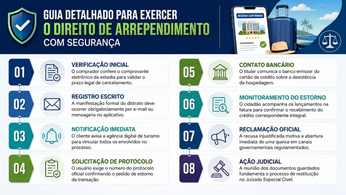 Infográfico retangular com fundo azul escuro no topo e branco na base. O cabeçalho traz um escudo com check e o título guia detalhado para exercer o direito de arrependimento com segurança. Há ilustrações de um celular com reserva confirmada, mala de viagem, chapéu e uma balança da justiça. Abaixo, estão listados oito passos numerados de um a oito em duas colunas com ícones circulares e blocos de texto explicativos sobre cancelamento.