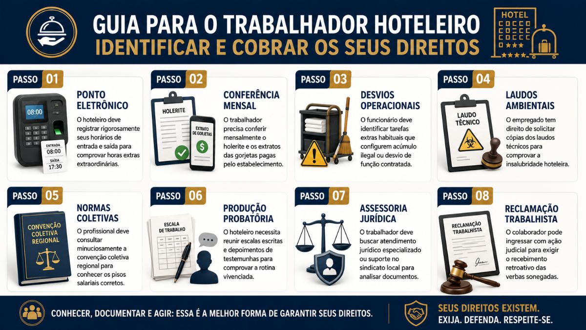 Infográfico em fundo azul e branco estruturado em oito blocos numerados que detalham orientações sobre ponto, holerite, funções, laudos, convenção, provas, assessoria e reclamação.