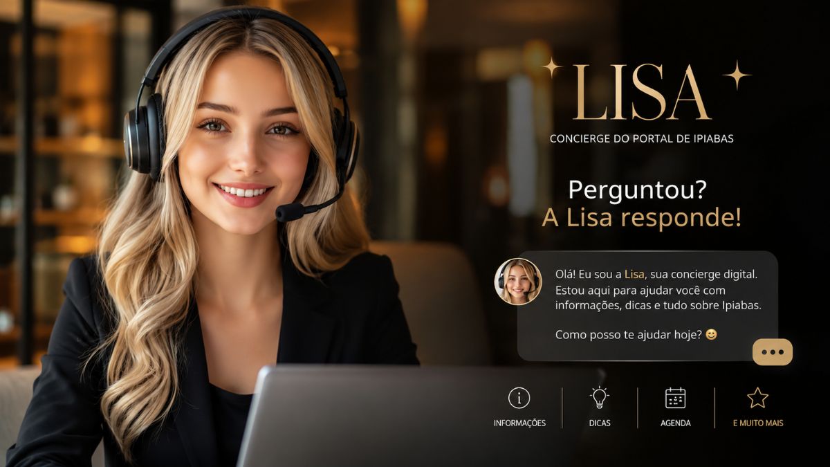 Assistente virtual sorridente usando headset atende usuários por meio de um chat digital em uma interface moderna, transmitindo agilidade, confiança e atendimento personalizado.
