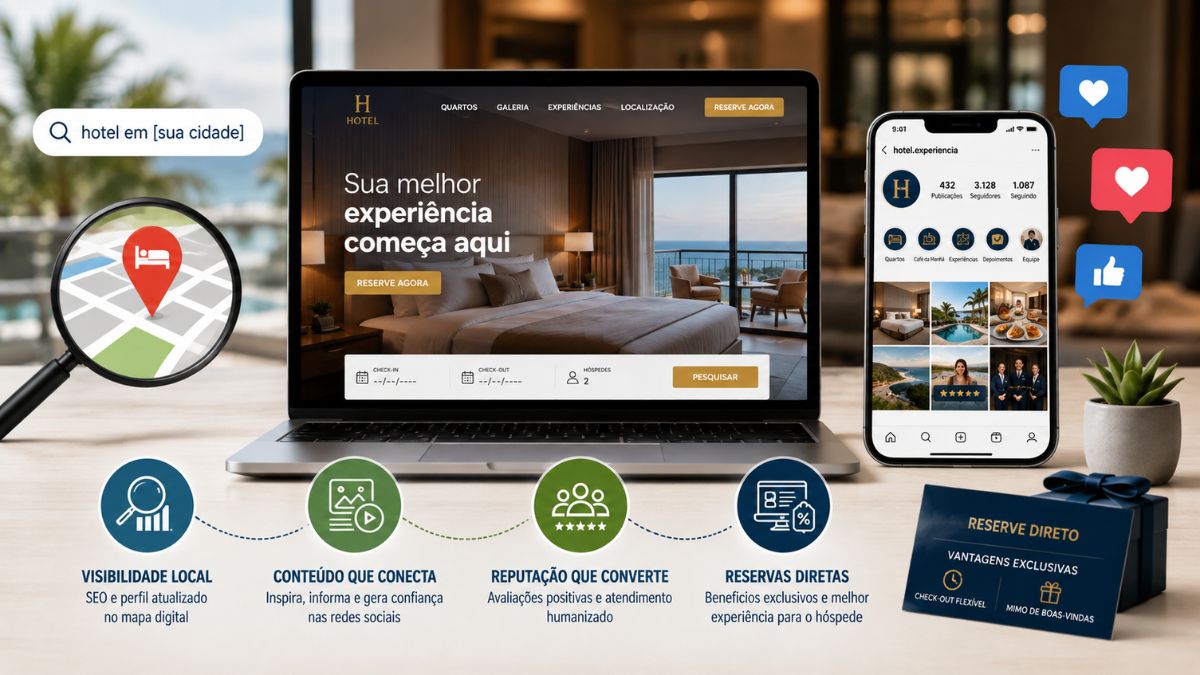 Infográfico sobre marketing digital hoteleiro exibindo notebook com site de reservas, smartphone com redes sociais, mapa para SEO local e cartão de benefícios para reservas diretas.