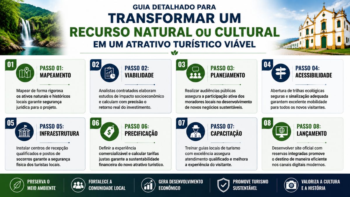 Infográfico em fundo cinza claro organizado em duas linhas horizontais contendo quatro blocos retangulares em cada uma. No topo da imagem, há desenhos de uma cachoeira cercada por floresta à esquerda e de uma igreja colonial amarela e branca à direita. Cada bloco exibe um número verde escuro de um a oito, um ícone ilustrativo dentro de um círculo azul ou verde, o título da etapa e um texto explicativo curto sobre o planejamento. Na parte inferior, há uma faixa verde escura com cinco ícones brancos acompanhados de textos sobre sustentabilidade.
