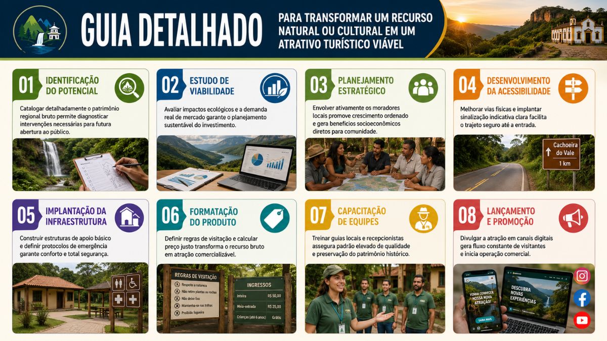 Infográfico educativo organizado em oito cartões numerados e ilustrados sobre fundo bege claro, detalhando as etapas para estruturar recursos em atrações viáveis. O topo apresenta um banner azul com o título explicativo e uma foto de uma igreja colonial ao entardecer. Cada cartão possui um número de um a oito, um título colorido, um ícone temático, um pequeno parágrafo explicativo e uma foto representativa, incluindo pessoas planejando com mapas, paisagens naturais, vias pavimentadas sinalizadas e telas de dispositivos digitais.