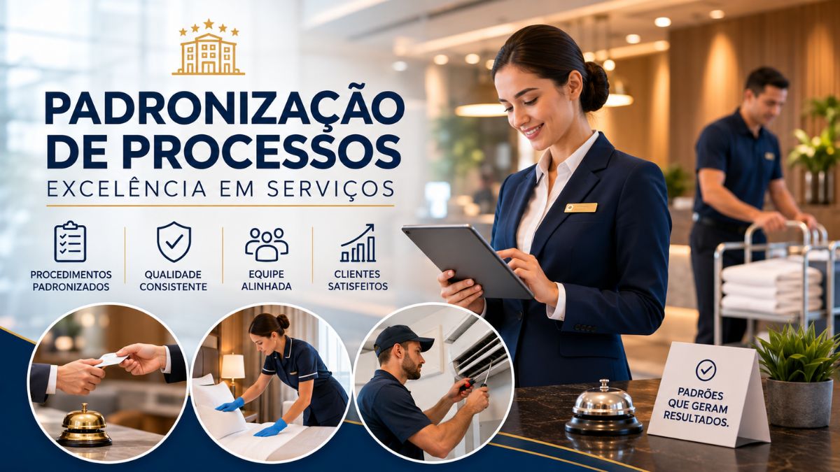 Infográfico sobre padronização de processos operacionais com gerente usando tablet na recepção, camareira arrumando quarto e técnico em manutenção.