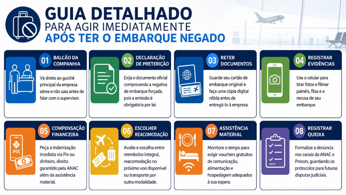 Infográfico com oito etapas orientando passageiros sobre os procedimentos recomendados após a negativa de embarque, incluindo documentação, registro de provas, compensação financeira, assistência material e canais de reclamação.