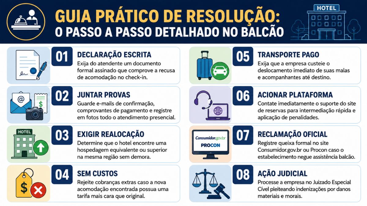 Infográfico em formato horizontal com oito etapas explicando como proceder quando um hotel recusa a acomodação no check in. O conteúdo apresenta orientações sobre documentação, coleta de provas, realocação, transporte, reclamação oficial e ação judicial, acompanhadas por ícones ilustrativos.