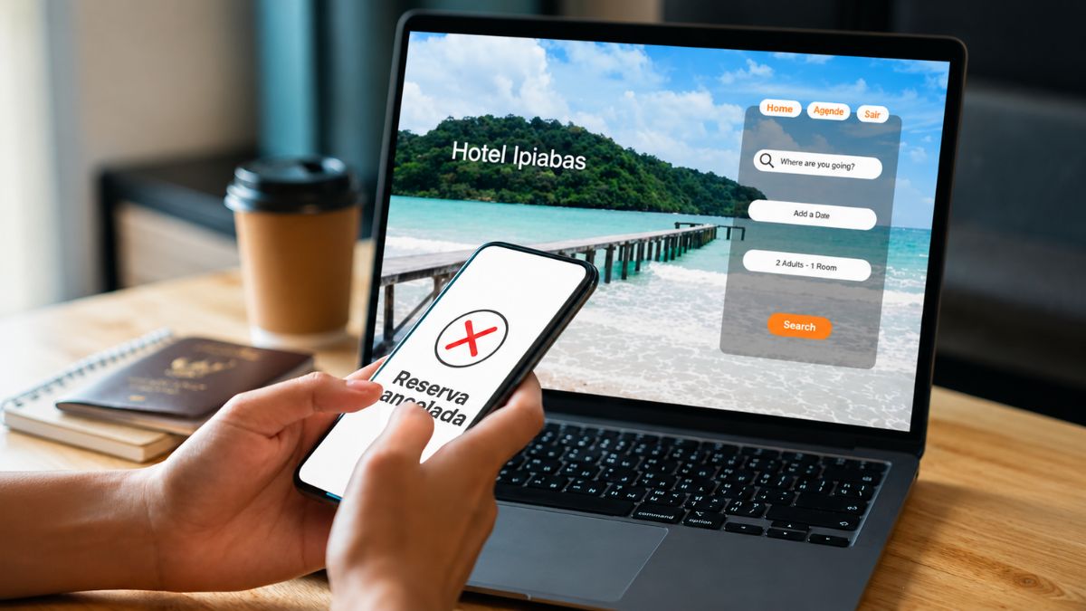 Pessoa segura um smartphone mostrando a mensagem reserva cancelada com um ícone de x vermelho diante de um notebook aberto que exibe a página de busca de um hotel à beira-mar.