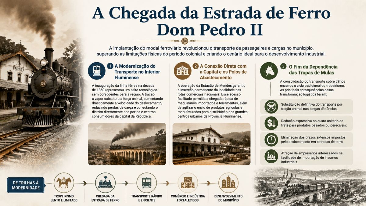 Infográfico sobre a Estrada de Ferro Dom Pedro II em Mendes exibindo uma locomotiva a vapor ao lado da estação, viaduto ferroviário histórico, fotos antigas e tópicos explicativos sobre a modernização do transporte no interior fluminense.