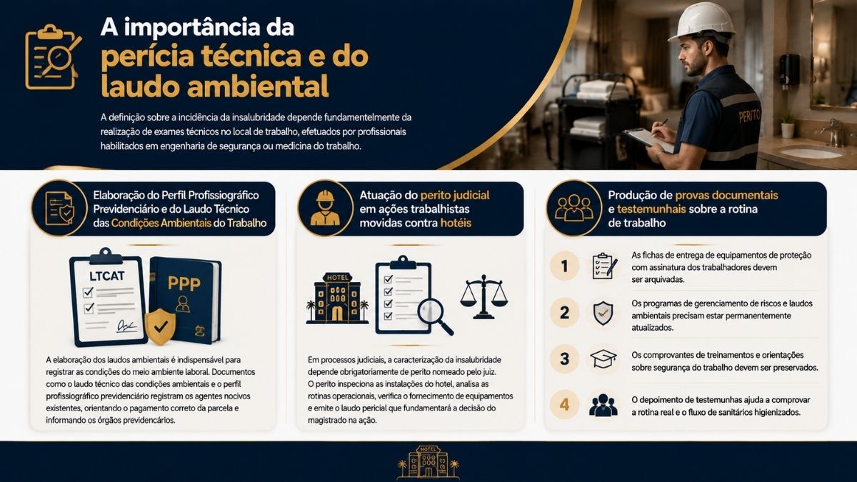 Infográfico explicativo sobre a importância da perícia técnica e do laudo ambiental na hotelaria, detalhando elaboração de LTCAT e PPP, atuação do perito judicial e produção de provas documentais.