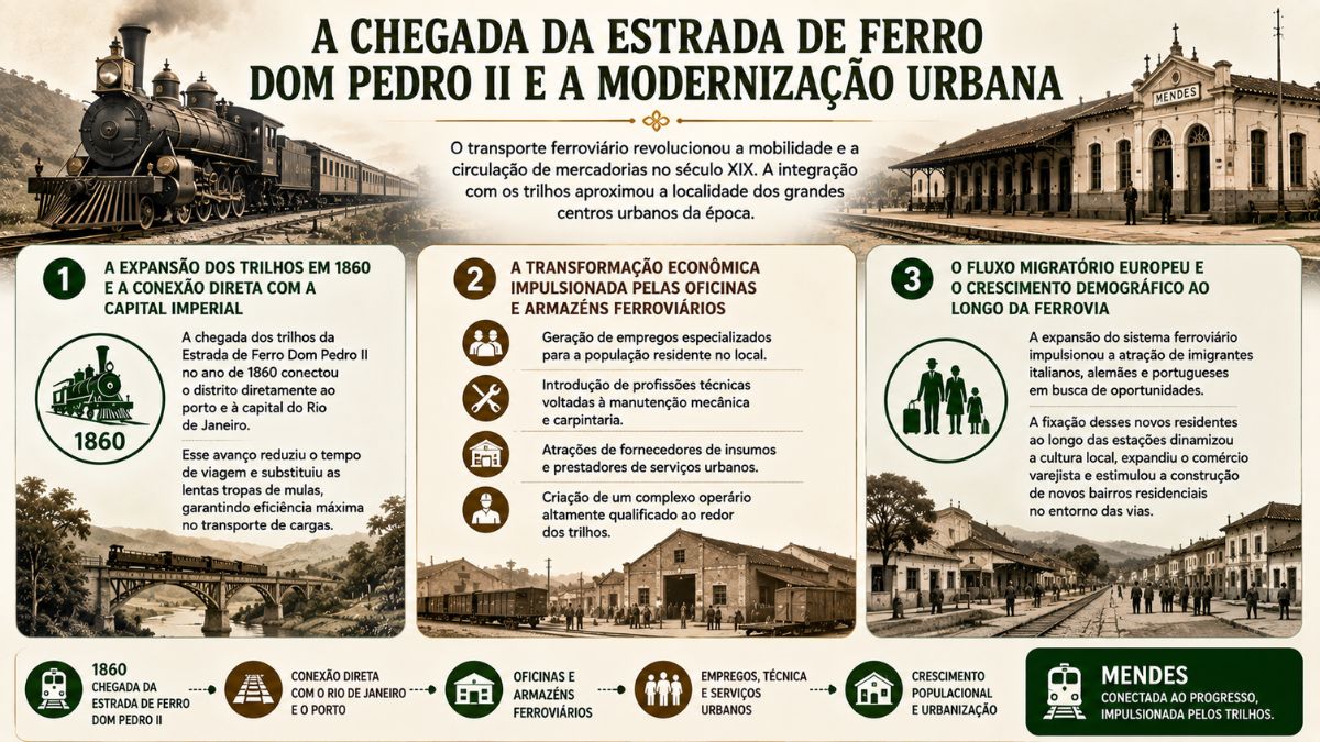 Infográfico histórico detalhando a chegada da Estrada de Ferro Dom Pedro II em Mendes no Rio de Janeiro em 1860, destacando a conexão com a capital imperial, as oficinas ferroviárias, a atração de imigrantes europeus e o crescimento demográfico.