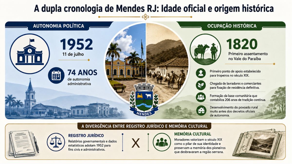 Infográfico detalhando a dupla cronologia de Mendes no Rio de Janeiro, comparando a autonomia política de 1952 com 74 anos de emancipação e a ocupação histórica de 1820 com 206 anos de tradição, ao lado do brasão municipal e da ilustração de tropeiros no Vale do Paraíba.