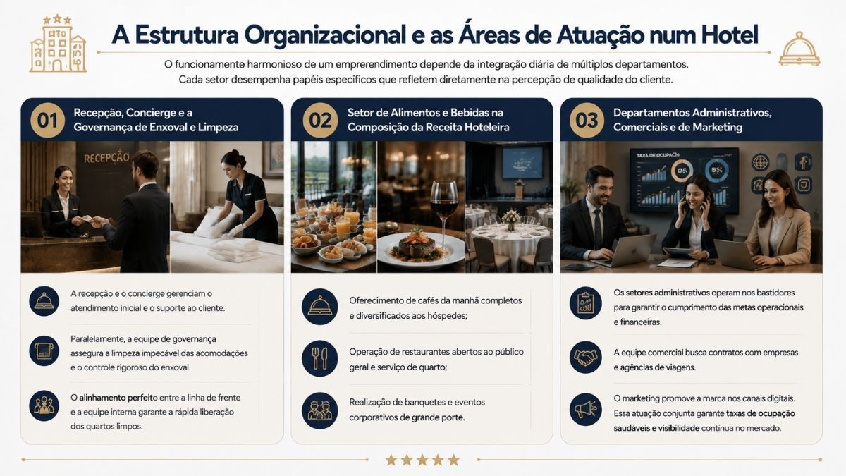 Infográfico detalhando a estrutura organizacional de um hotel, destacando recepção, governança, alimentos e bebidas e setores administrativos e comerciais.
