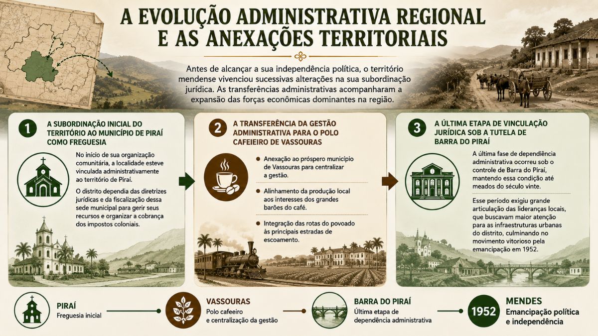 Infográfico histórico sobre a evolução administrativa do município de Mendes no Rio de Janeiro, mostrando as anexações territoriais por Piraí, Vassouras e Barra do Piraí até a emancipação política em 1952.