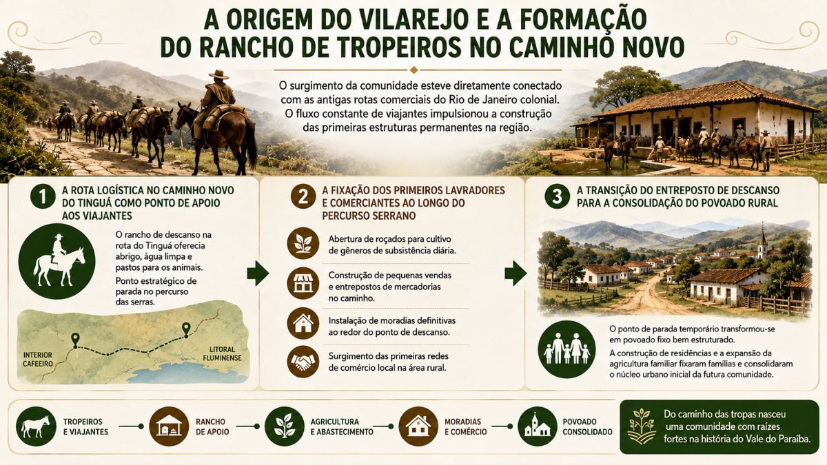 Infográfico histórico sobre a origem do vilarejo de Mendes no Rio de Janeiro, explicando a formação do rancho de tropeiros no Caminho Novo do Tinguá, a fixação de lavradores e a transição do entreposto para a consolidação do povoado rural.