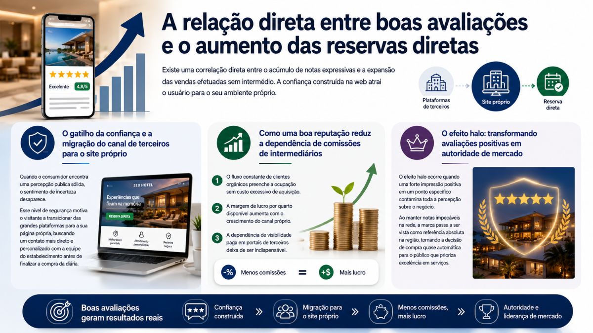 Infográfico explicativo sobre como ótimas pontuações e avaliações positivas geram a migração de hóspedes das plataformas de terceiros para o site próprio do hotel, aumentando a lucratividade e reduzindo comissões.