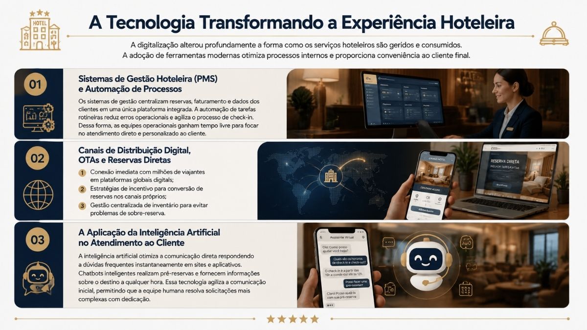 Infográfico sobre tecnologia na hotelaria mostrando sistemas de gestão PMS, canais de distribuição digital OTAs e inteligência artificial no atendimento.