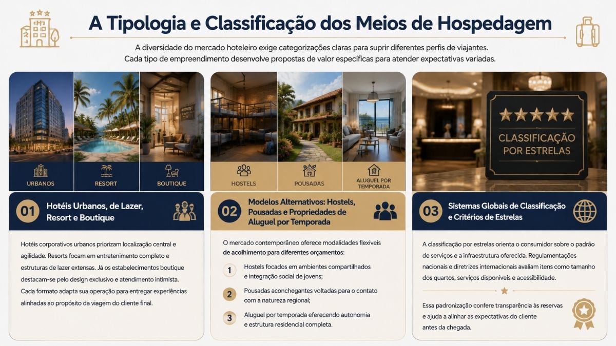 Infográfico explicativo sobre a tipologia e classificação dos meios de hospedagem, abrangendo hotéis urbanos, resorts, pousadas e o sistema de estrelas.