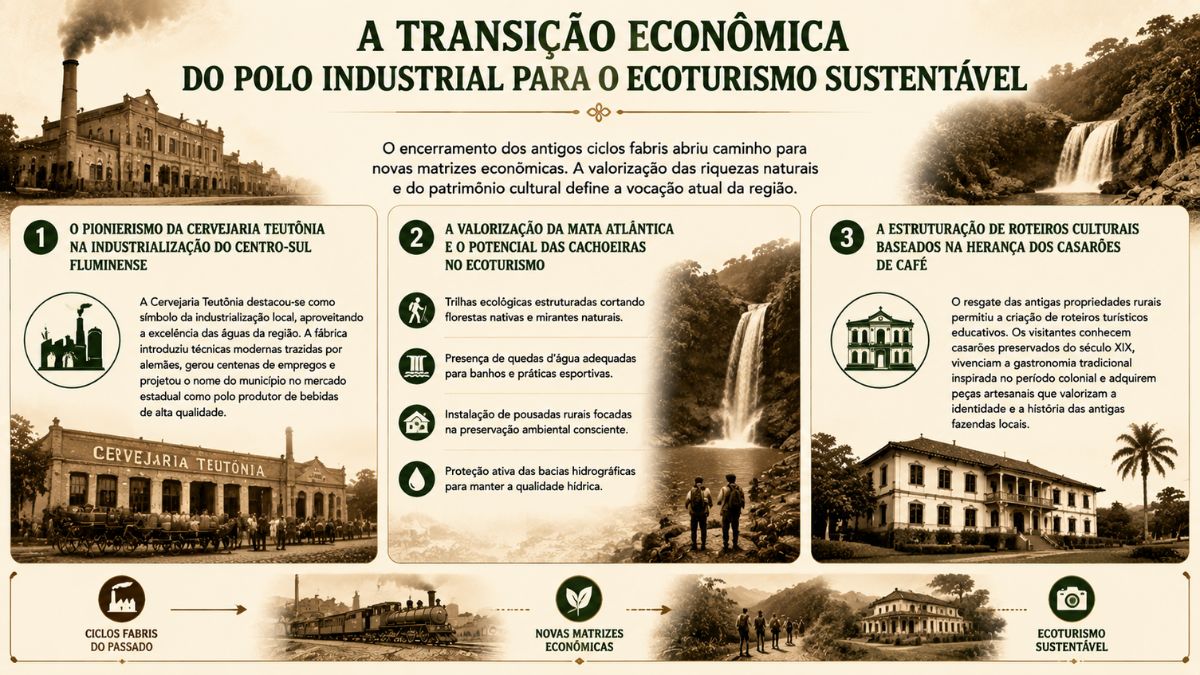 Infográfico histórico e ambiental sobre a transição econômica em Mendes no Rio de Janeiro, destacando o pioneirismo da Cervejaria Teutônia, o potencial do ecoturismo na Mata Atlântica com cachoeiras e os roteiros culturais em casarões de café.
