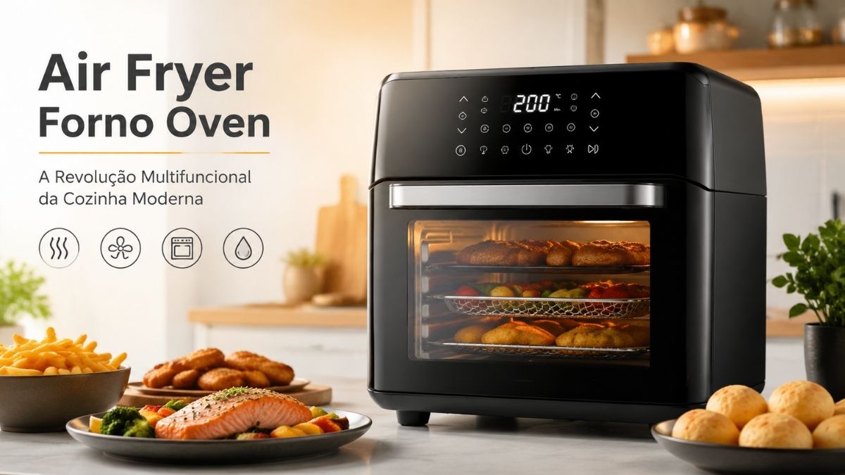 Fritadeira Air Fryer Forno Oven Mondial 12L modelo AFON 12L BI na cor preta com painel digital ligado exibindo 200 graus, iluminação interna acesa mostrando pães e vegetais nas assadeiras e pratos prontos como peixe, batata frita e pães de queijo dispostos na bancada.