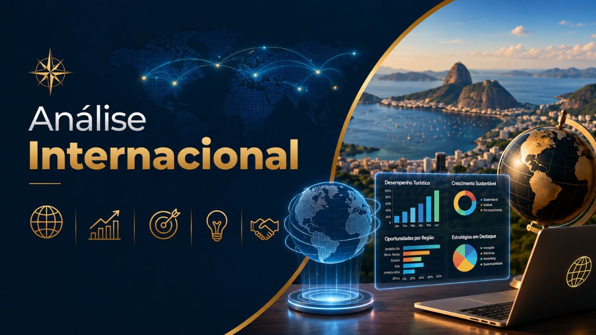 Banner sobre análise internacional do turismo com globo terrestre holográfico, gráficos digitais de desempenho, notebook, mapa-múndi conectado e vista panorâmica do Rio de Janeiro.