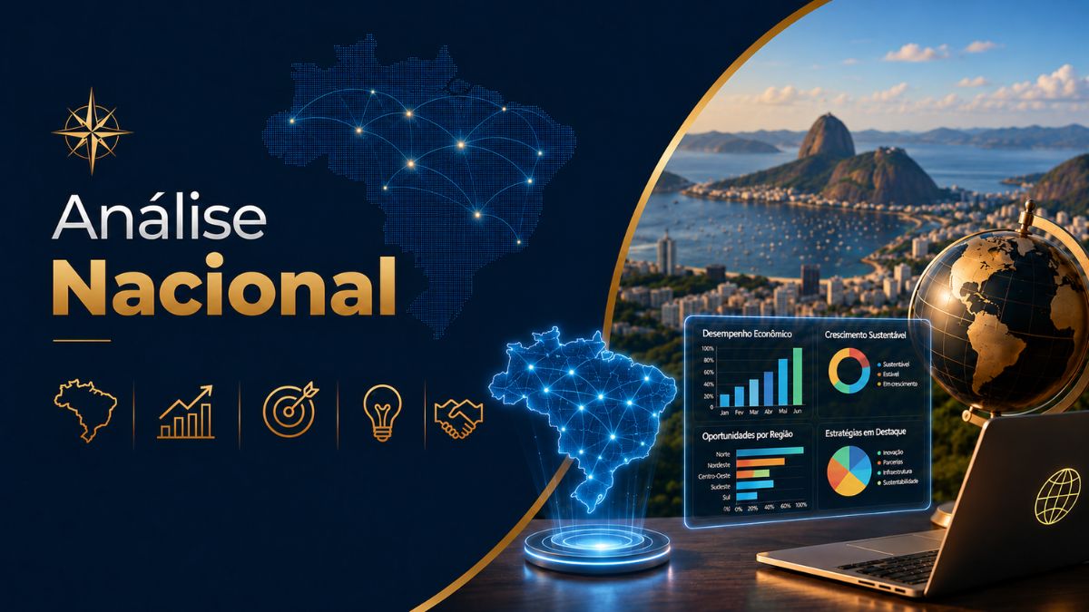 Banner sobre análise nacional do turismo brasileiro com mapa holográfico do Brasil, gráficos de desempenho econômico, notebook, globo terrestre e paisagem do Rio de Janeiro.