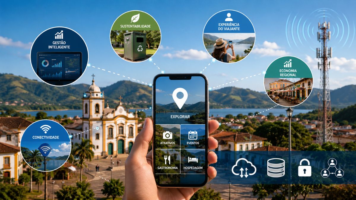Smartphone em uma cidade turística exibindo um ecossistema de turismo digital. Vários ícones circulares flutuam, conectados por linhas pontilhadas, representando tópicos como "Gestão Inteligente", "Sustentabilidade", "Experiência do Viajante", "Economia Regional" e "Conectividade". No smartphone, há opções para "Explorar", "Atrativos", "Eventos", "Gastronomia" e "Hospedagem". Uma torre de transmissão de dados e uma igreja histórica estão visíveis ao fundo, ilustrando a fusão entre tecnologia modernos e tradições culturais locais.