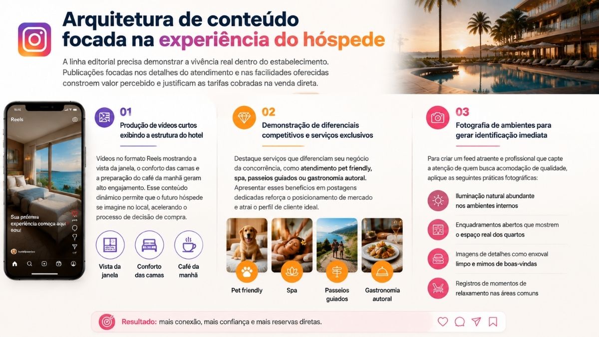 Infográfico sobre arquitetura de conteúdo focada na experiência do hóspede, mostrando a produção de vídeos curtos, diferenciais competitivos e práticas de fotografia de ambientes para hotéis.