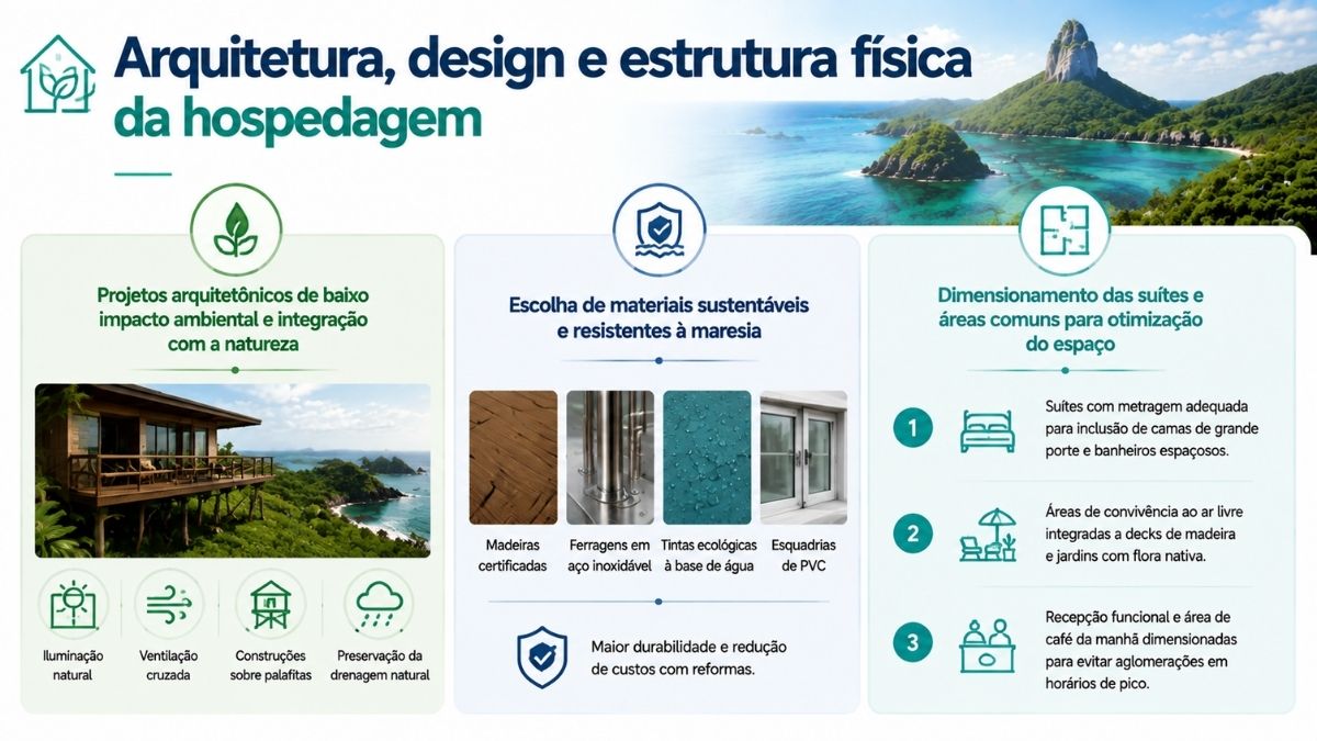 Infográfico sobre arquitetura e estrutura física de hospedagens em Fernando de Noronha com projetos de baixo impacto escolha de materiais sustentáveis e dimensionamento de suítes.