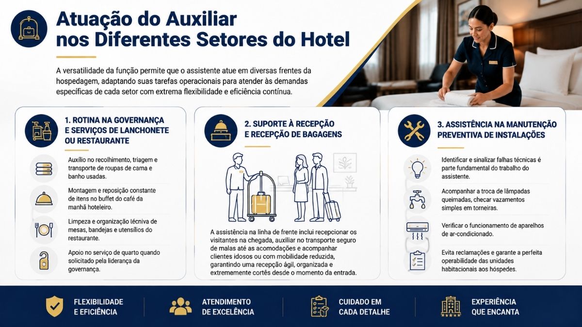 Infográfico ilustrando a atuação do auxiliar de hotelaria na governança, restaurante, recepção de bagagens e manutenção preventiva de instalações hoteleiras.