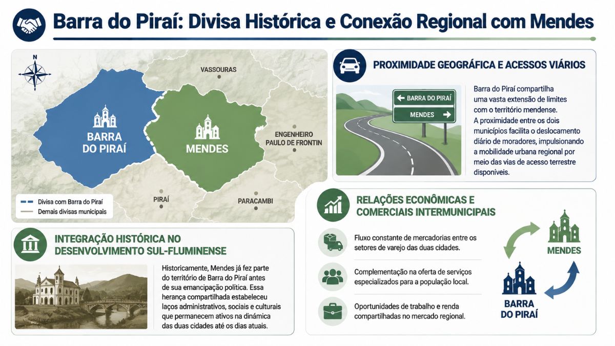 Infográfico explicativo sobre a fronteira, conexões viárias e relações econômicas entre os municípios vizinhos de Barra do Piraí e Mendes.
