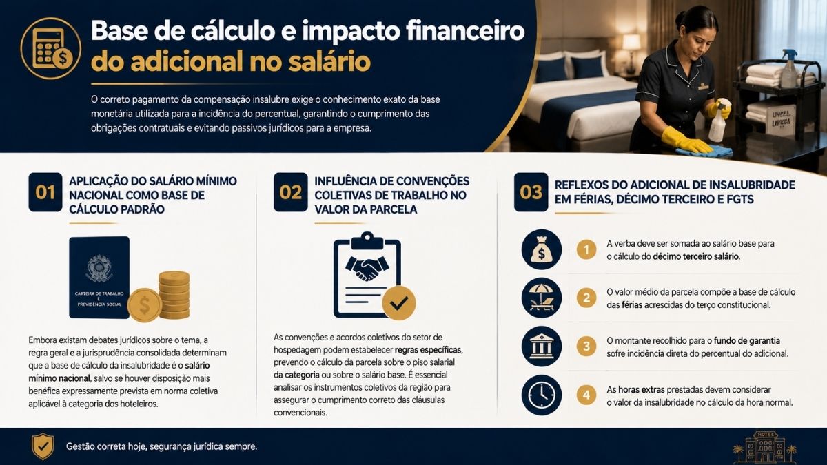 Infográfico informativo sobre a base de cálculo e os reflexos do adicional de insalubridade no salário dos trabalhadores hoteleiros, acompanhado da foto de uma camareira higienizando um quarto.