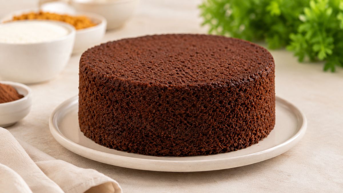 Fotografia de um bolo pão de ló de chocolate redondo e fofinho posicionado sobre um prato de cerâmica claro. A massa tem uma textura porosa visível. Ao fundo, fora de foco, há pequenas tigelas com ingredientes da receita e um ramo de folhagem verde. O ambiente é bem iluminado, sobre uma bancada de pedra clara.