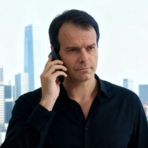 Fotografia de Carlos N. Bento conhecido como Carlos Jobs em uma ligação telefônica corporativa com fundo urbano.