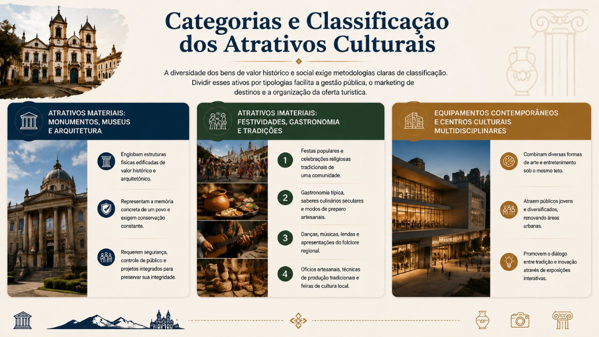 Infográfico explicativo sobre categorias e classificação dos atrativos culturais. No topo superior esquerdo, há a imagem de uma igreja colonial barroca em uma rua de paralelepípedos. Ao centro, destaca-se o título principal em tom azul escuro e um parágrafo que descreve como a classificação dos bens de valor histórico facilita a gestão pública, o marketing de destinos e a organização da oferta turística. O corpo da imagem é organizado em três blocos principais. O primeiro bloco abrange os atrativos materiais, incluindo monumentos, museus e arquitetura, acompanhado pela imagem de um edifício monumental histórico e ícones sobre conservação, segurança e memória concreta. O segundo bloco foca nos atrativos imateriais, abordando festividades, gastronomia e tradições, com tópicos numerados sobre celebrações religiosas, saberes culinários, expressões folclóricas e ofícios artesanais, ilustrado por fotografias de festas populares, pratos típicos, um músico tocando violão e peças de artesanato. O terceiro bloco apresenta os equipamentos contemporâneos e centros culturais multidisciplinares, destacando a combinação de artes, a atração de públicos jovens e a renovação urbana, acompanhado pela foto de um centro cultural moderno iluminado à noite.