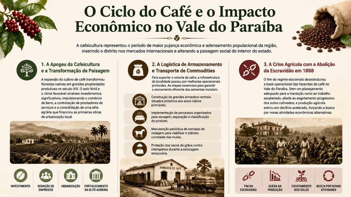 Infográfico sobre o ciclo do café em Mendes apresentando ilustrações de ramos de café, grãos em saco de juta, fazendas do século dezenove, armazém de estocagem, trabalhadores rurais e texto explicativo sobre logística e crise agrícola em dezoito e oitenta e oito.