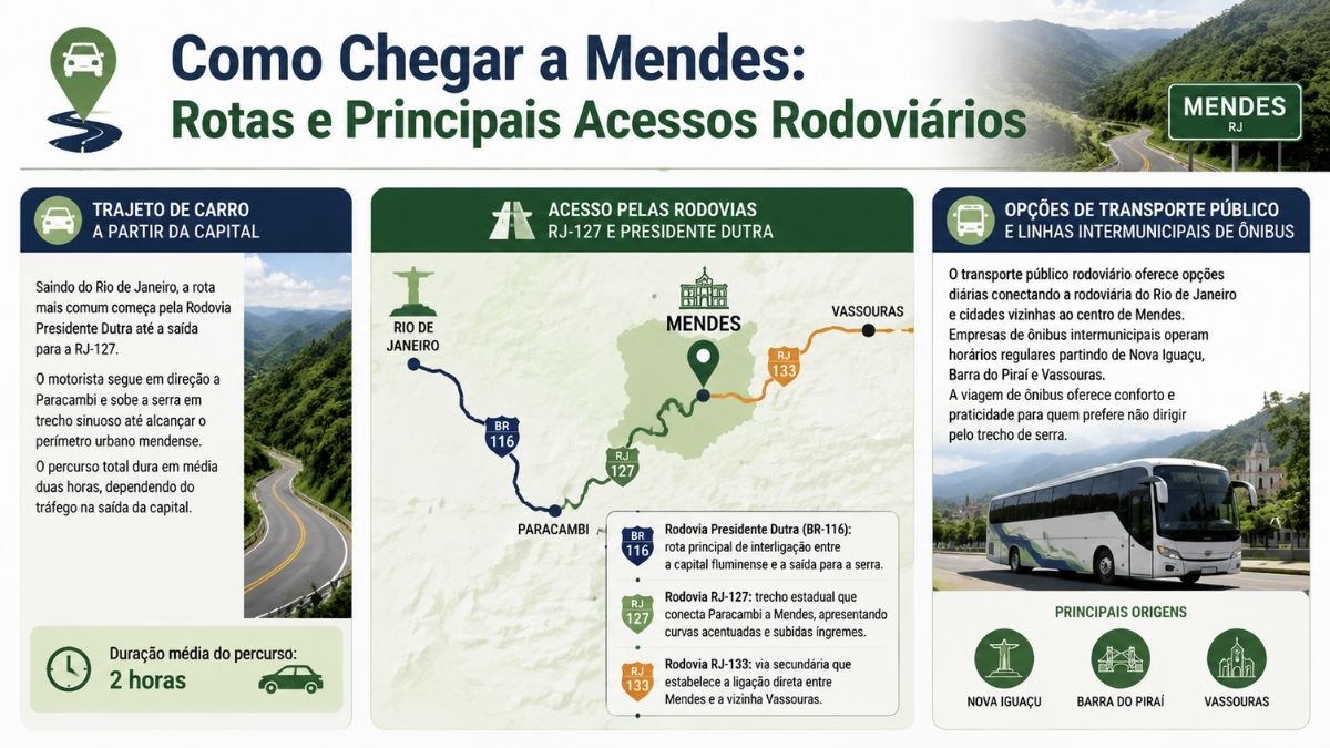Infográfico explicativo com mapa de rotas rodoviárias para chegar ao município de Mendes a partir da capital fluminense e cidades vizinhas.