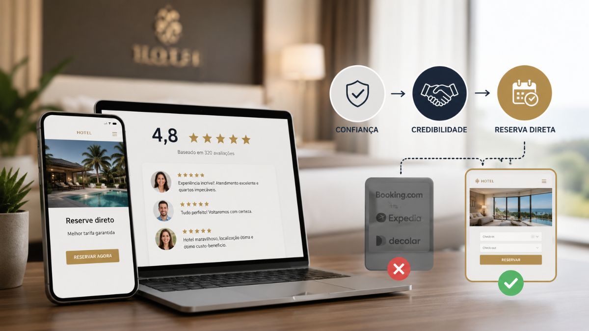 Infográfico exibindo um notebook e um smartphone com avaliações de hóspedes, nota 4,8 estrelas e um fluxo de conversão demonstrando que a reputação online gera confiança e credibilidade para fechar reservas diretas, evitando intermediações de OTAs.